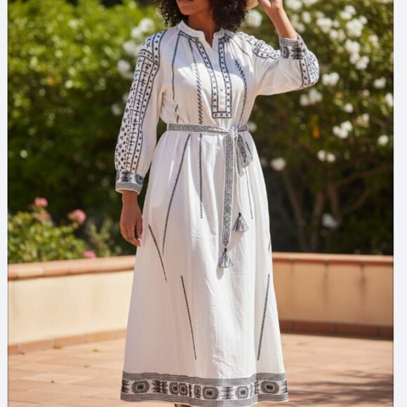 Novella Printed A Line Dress Plus Size 2X White Black Modest Long Sleeves Maxi - Picture 1 of 6